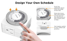 Load image into Gallery viewer, 【24 Hour Design Your Schedule 】30 minute intervals, total of 48 on/off options, you can program your devices to turn on/off with your Appliances. This outlet timer allows extremely convenient and flexible time setting for 24-hour 30 minute intervals directly.
