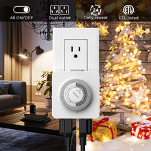 Load image into Gallery viewer, [MULTIFUNCTION TIMER OUTLET] This Dual 3-prong grounded outlets can run 2 appliances into the timer at the same time. ideal for Daily Timing,countdown ,turn on and off light, lamps, small appliances,
