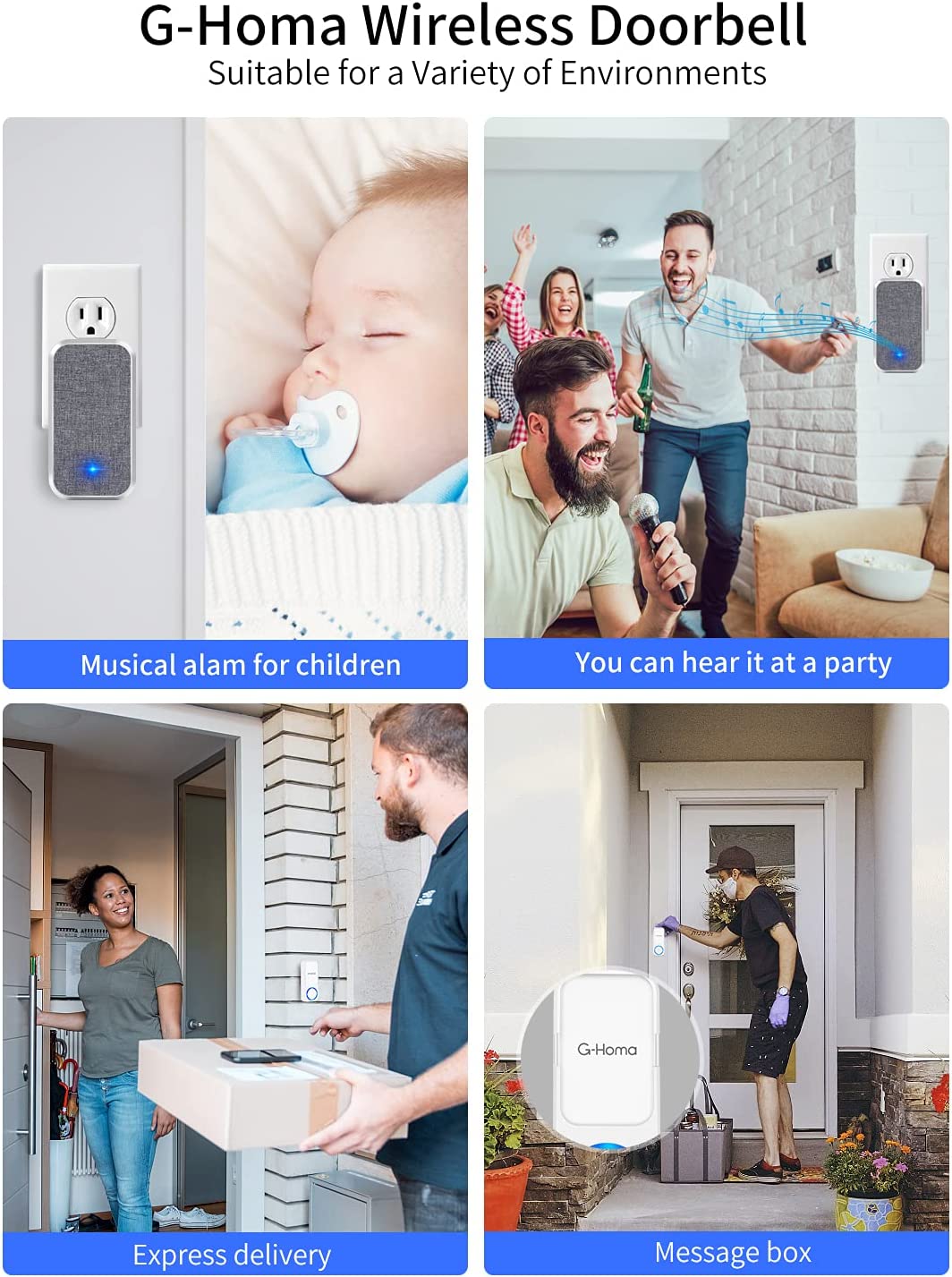 Wireless Doorbell,CyLiane Self-Powered Doorbell Chimes Kit,No Battery  Required Push Button,Plug-Through Cordless Door Chime,Up to 1300ft Range  with 58