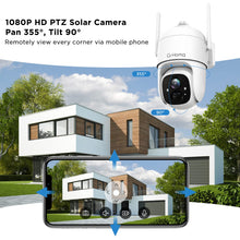 Load image into Gallery viewer, 【Solar Powered &amp; Wire-Free &amp; 355°】G-Homa Solar outdoor cameras with built-in 9000mAh rechargeable battery, you could charge it by solar panel or USB cable to keeps the camera working from day and night. No circuit wiring hassles, you can place the Wire-free wifi camera outdoor for home security anywhere. Keeping 2.4GHz WiFi on(NO 5GHz WiFi), you will never miss a thing under the 355°

